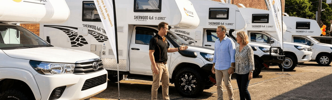Row of Suncamper Sherwood motorhomes on display at the Northside RV dealership forecourt in Thornleigh Sydney
