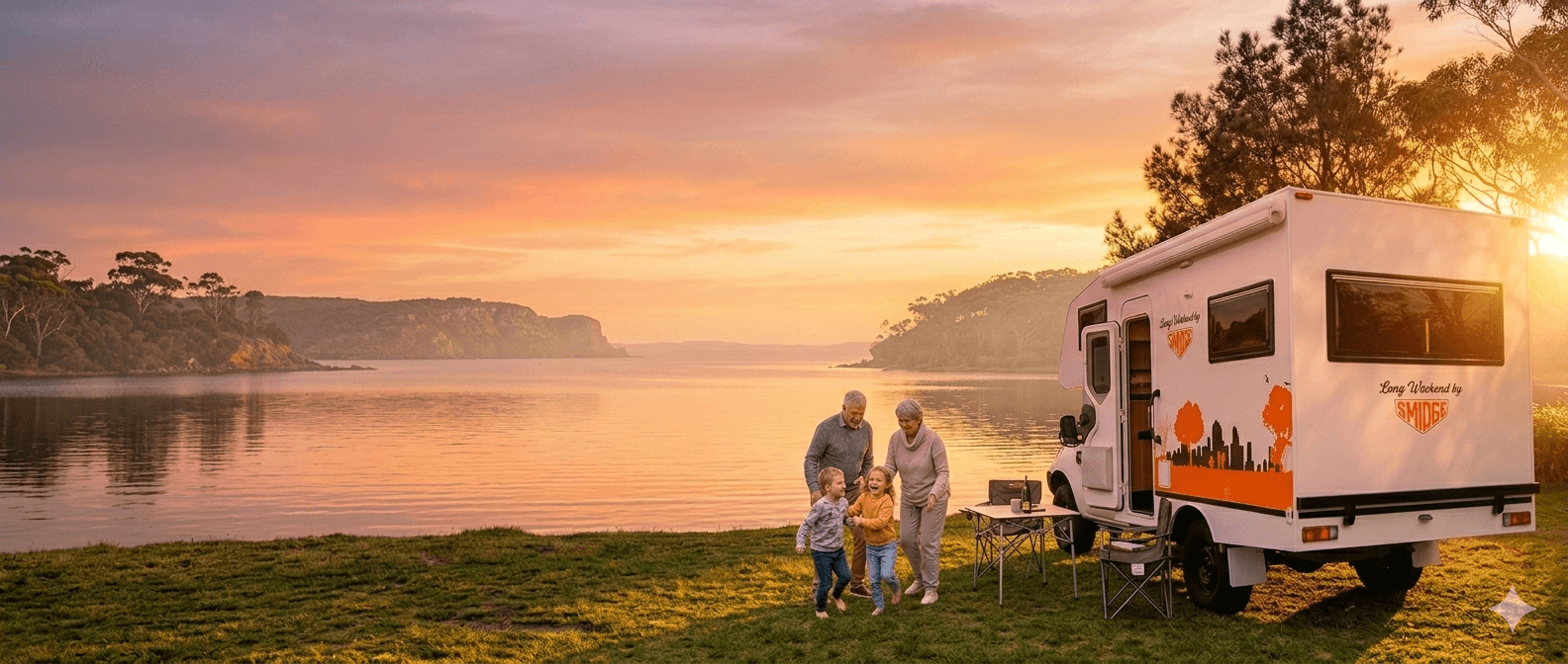 Grandparents and grandchildren playing beside a Smidge Long Weekend motorhome at sunset on an Australian lakeside